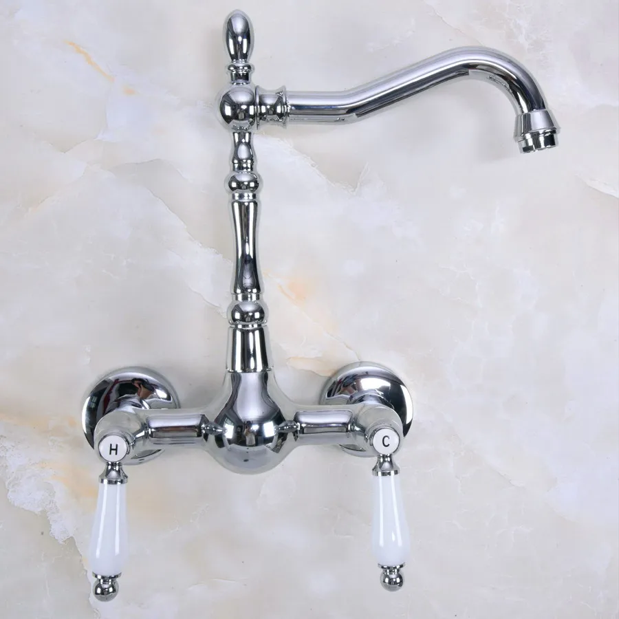 Polished Chrome Brass Wall Mounted Double Ceramic Handles Levers Bathroom Kitchen Sink Faucet Mixer Tap Swivel Spout anf961