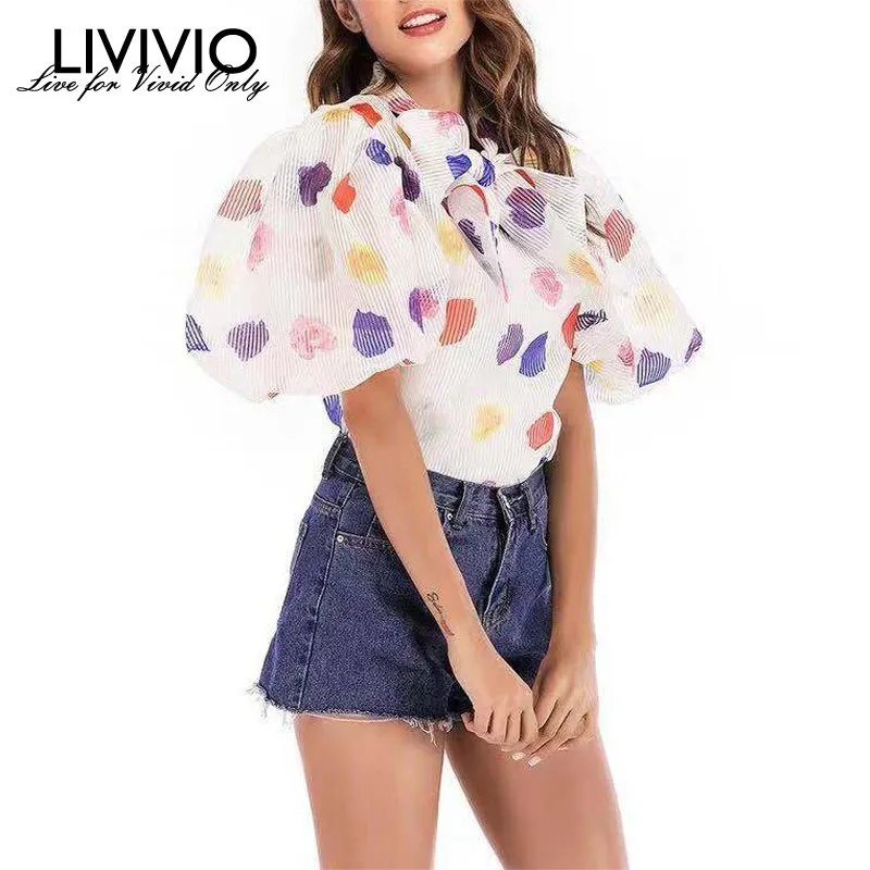 

[LIVIVIO] Print Polka Dot Shirts Blouse Women Bowknot Lantern Short Sleeve Hit Color Large Size Striped Tops Female 2019 New