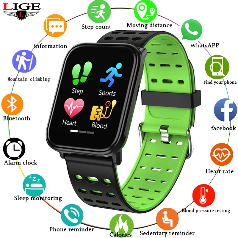 

LIGE Fitness Smart Bracelet Men IP67 Waterproof Watch Blood Pressure Heart Rate Monitor Sport Smart Watch Women For Android ios