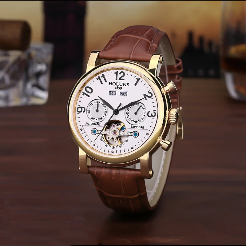 Часы наручные мужские механические золотистые с кожаным ремешком|watch brand|watch