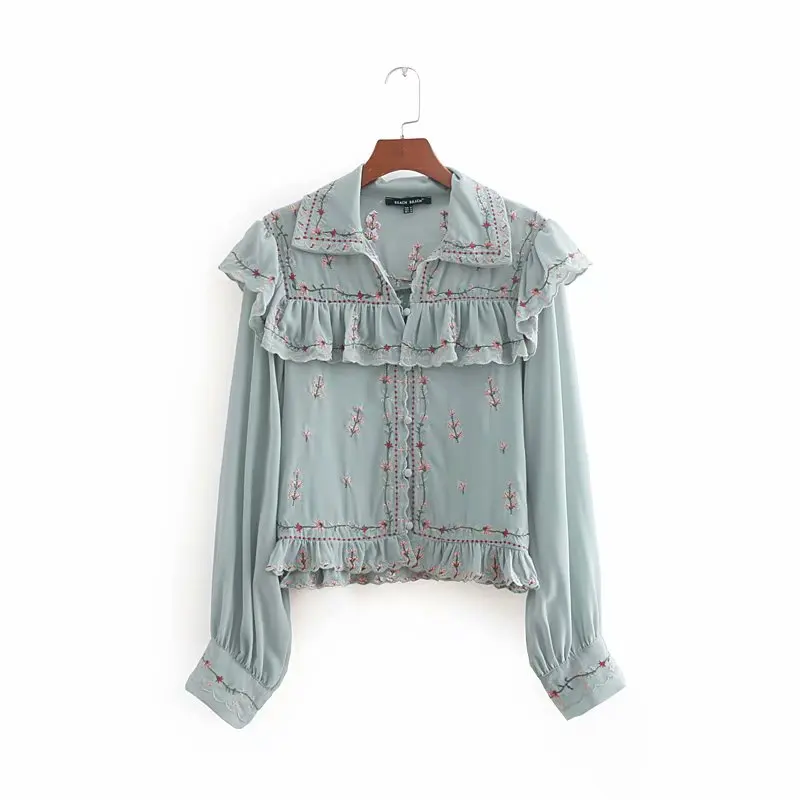  2018 women high street elegant laminated ruffles flower embroidery chiffon blouse ladies shirt chic