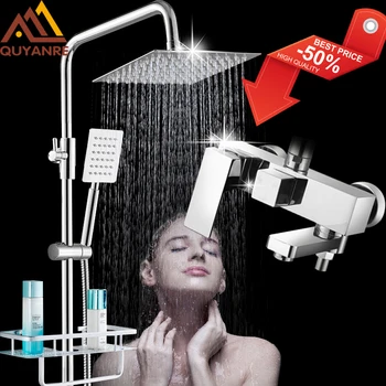 

Quyanre Chrome Bathroom Shower Faucets Set Bathtub Shower Mixer Tap With Hook Commodity Shelf 3-way Mixer Shower Torneira Tap