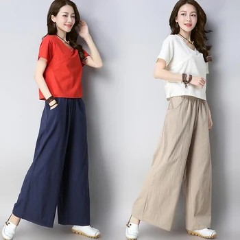 

Summer Vintage Cotton And Line Two-pieces Set 2019 New Women Casual Loose Two Piece Tops And Wide Leg Long Pants Suit LJ2307