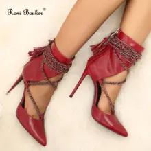Roni Bouker; модные роскошные женские туфли из натуральной кожи; женские сапоги на высоком каблуке ручной работы на шнуровке с цепочкой; дизайнерские женские сапоги; цвет красный, черный; Ank