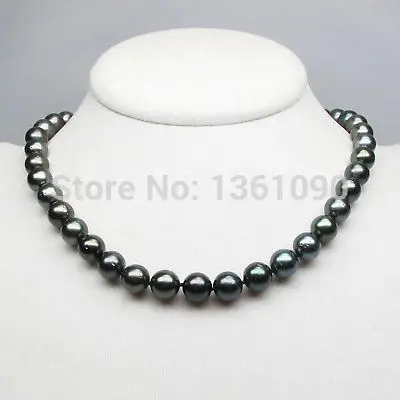 

003499 HIGH LUSTER!9-10MM GREEN TAHITIAN PEARL NECKLACE 17.2INCH,14K GOLD CLASP (C0309)
