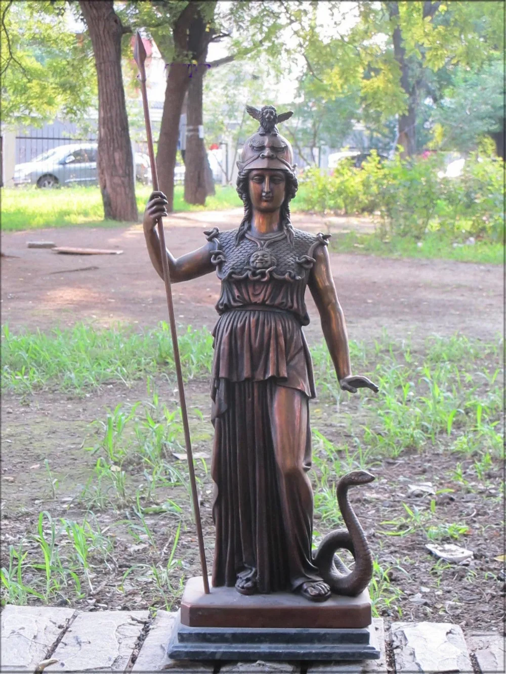 

free 28"Greek myth Bronze ART statue warrior queen War goddess Athena Lion and snake fast