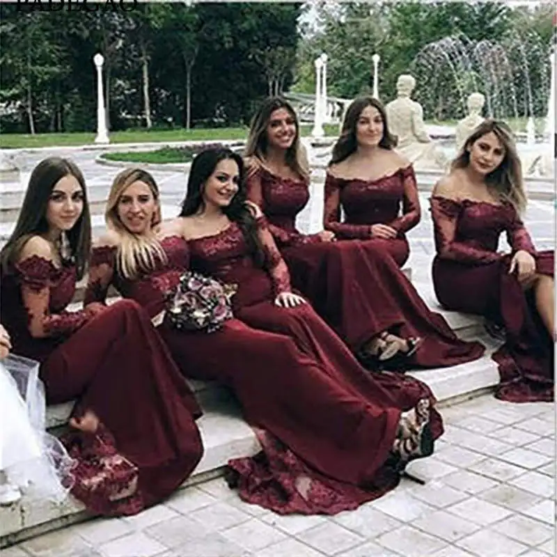 Best Cheap Modest Sexy Unique Mermaid Burgundy Off Shoulder Long Sleeves Hot Sale_副本