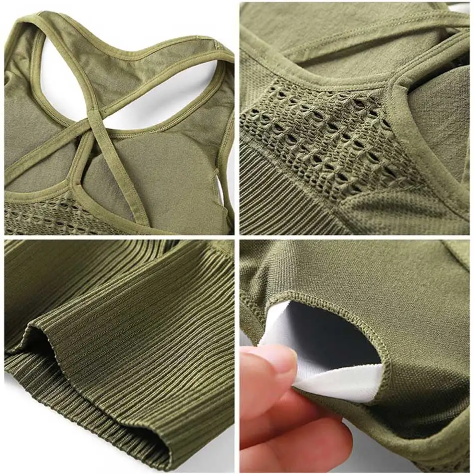 Women's energy seamless sports bra workout army green gym crop top high impact fitness yoga bra brackless strappy sports bra