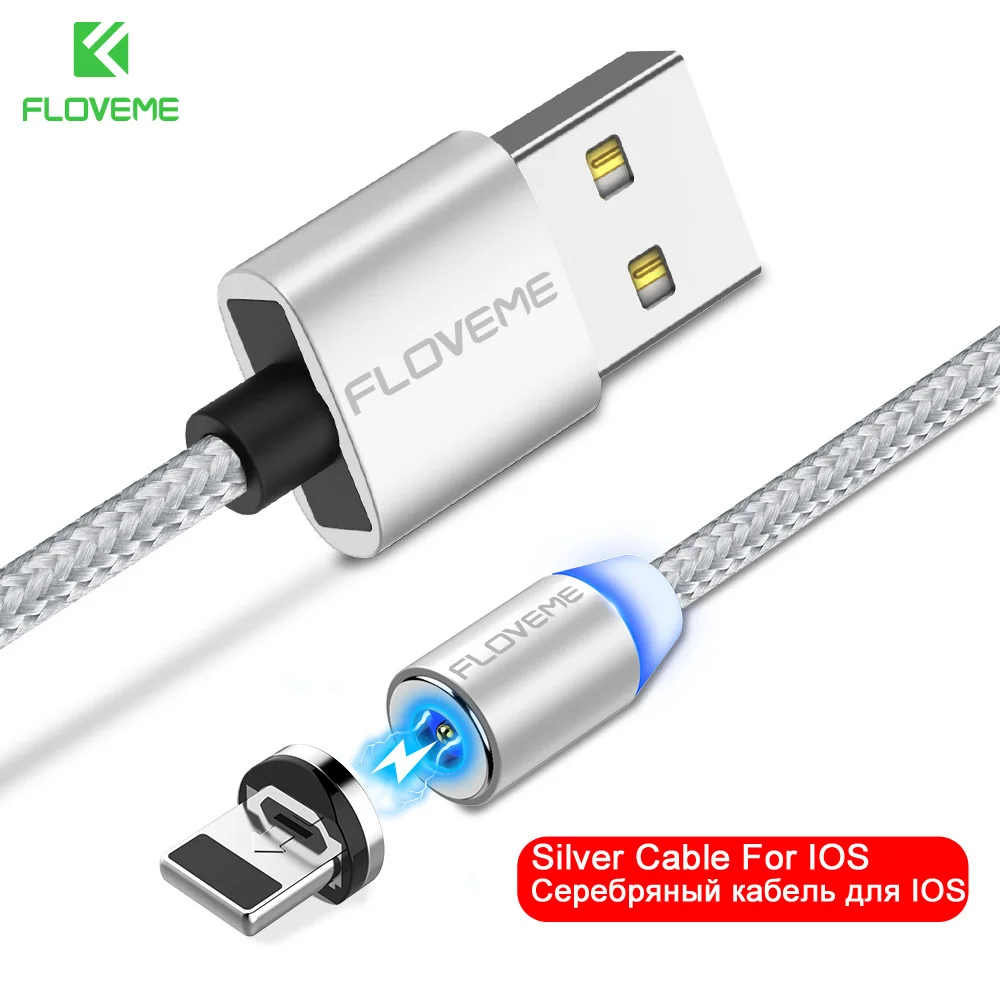 FLOVEME 1 м Магнитный USB кабель, СВЕТОДИОДНЫЙ Магнитный зарядный кабель Micro USB для iPhone X 7 6 5 для samsung Galaxy S8 S9 type C - Цвет: Silver for iPhone