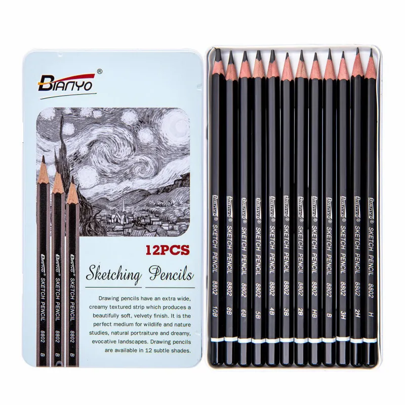 

12Pcs/Box Sketch Drawing Art Wooden Pencil H HB 2B 3B 5B 10B Artist Charcoal Pencils Non Toxic for Art School Supplies