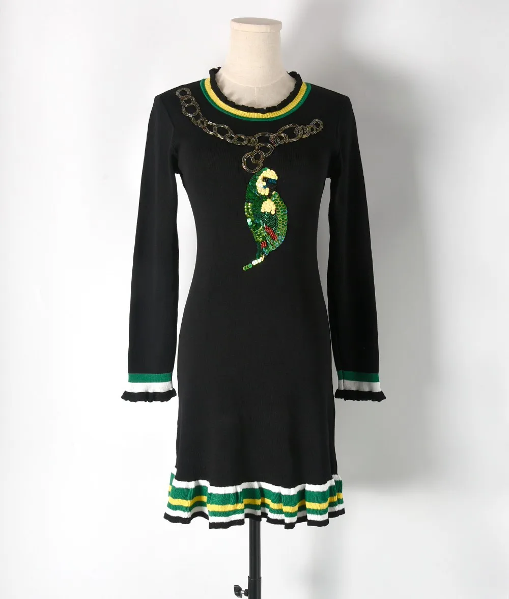 Newest Autumn Dress Women Ruffles decoration sequined parrot pattern Long Sleeve Knee-Length Women Knitted dresses
