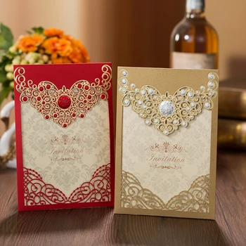 

1pcs Sample Red Gold Laser Cut Crown Flora Wedding Invitations Card Greeting Cards Customize Envelopes Wedding Event Party Decor