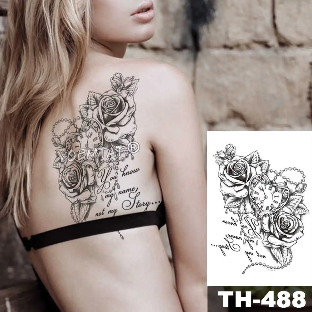 Leaf Rose Peony Lace Flower Waterproof Temporary Tattoo Sticker Black Big Tatto Body Art Shoulder Fake Tatoo For Women - Цвет: 21-TH488