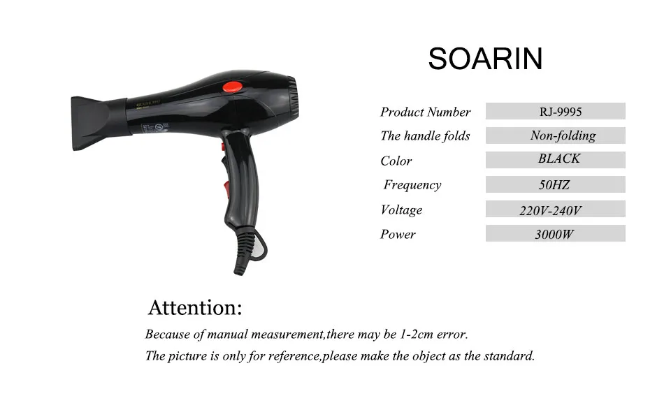 SOARIN Профессиональный фен Черный высокой мощности постоянной температуры фен горячий/холодный воздух эктрический фен для волос бытовой