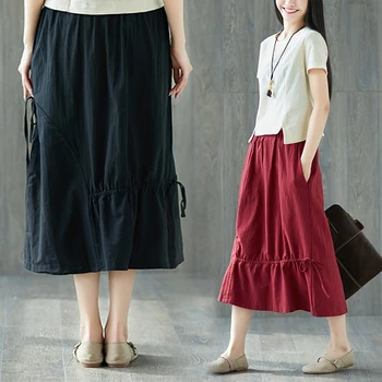 

#1712Vintage Cotton Linen Skirt In Women Summer Asymmetrical Elastic Waist Side Bow A-line Loose Retro Skirts Woman Plus Size