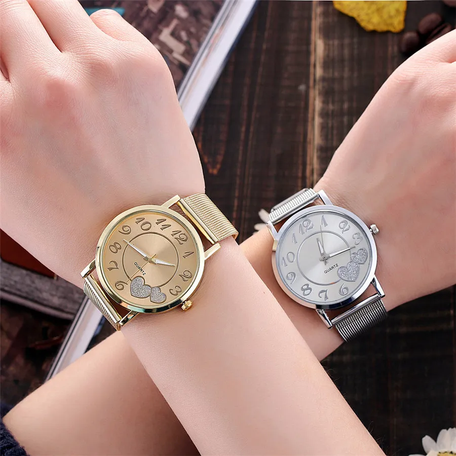 Дропшиппинг женские серебряные и золотые сетчатые наручные часы с сердечком и циферблатом модные повседневные женские Стальные кварцевые часы Relogio Feminino