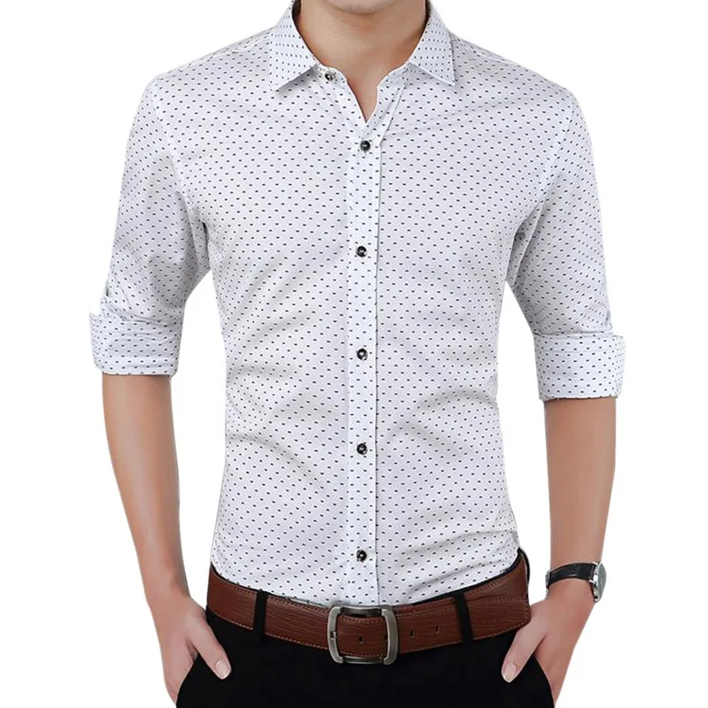 

CYSINCOS 2019 Fashion Male Shirt Long Sleeve Tops Polka Dot Printing Mens Casual Dress Shirts Slim Men Shirt Plus Size M-5XL