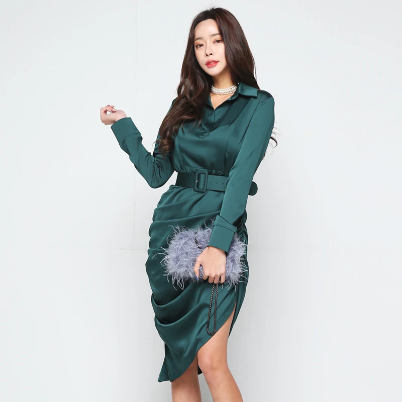 

BGTEEVER Vintage Dark Green Irregular Women Dress Elegant Turn-down Collar Sashes Female Pleated Hip Package Vestidos