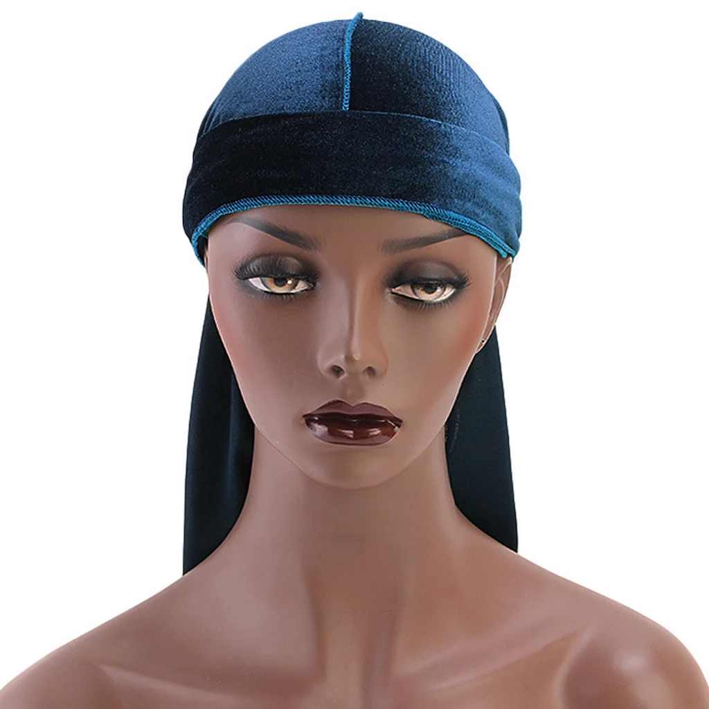 Women Men Long Tail Plain Velvet Bandana Turban Hat Durag Headwear Pirate Cap Head Wraps