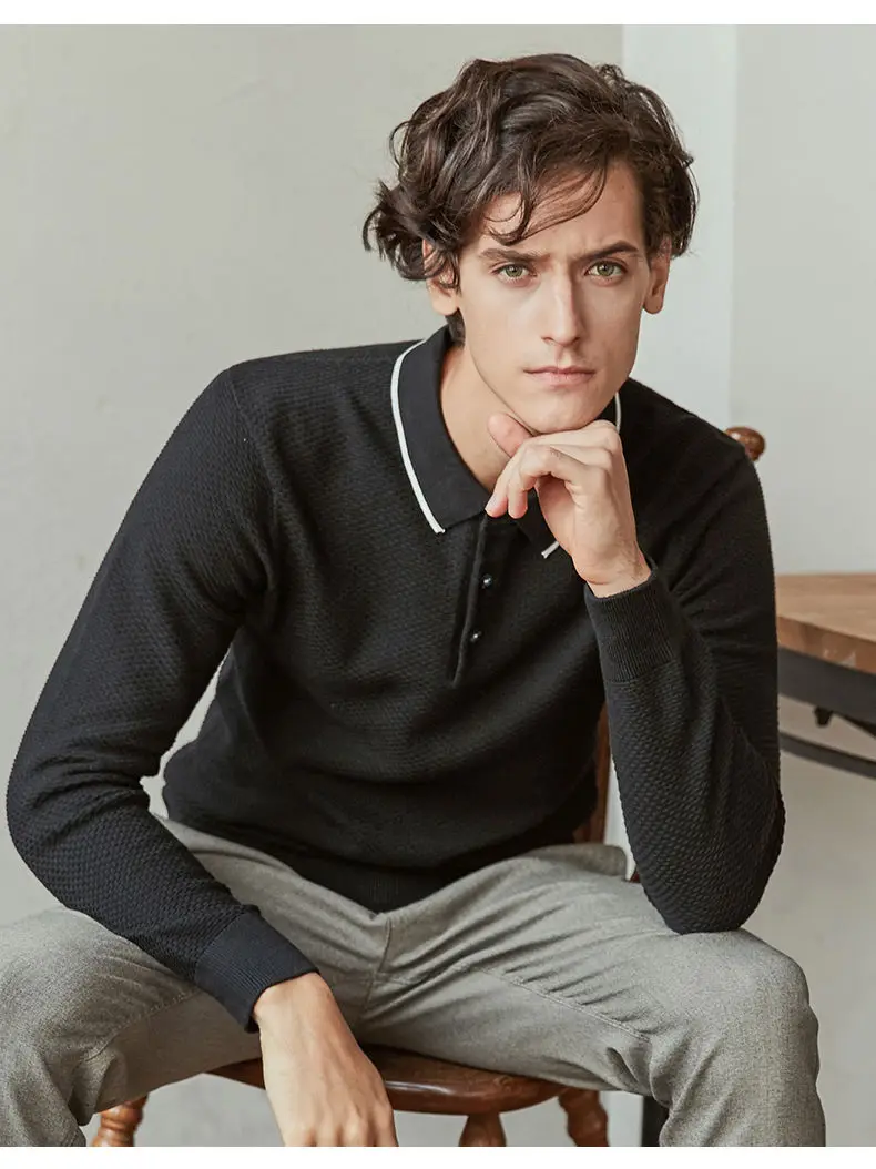 MuLs Brand Classic Tipped Polo Mens Pullovers 2019 Spring New Long Sleeve Cotton Knit Stripe-Collar Polo Sweaters Size 3XL Black 01