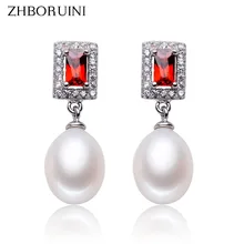 Жемчуг бренда "zhboruini" СЕРЬГИ 925 пробы серебряные серьги квадратный стиль красный циркон натуральный жемчуг женские модные ювелирные изделия аксессуары