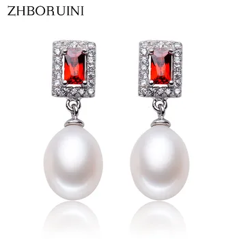 

ZHBORUINI Pearl Earrings 925 Sterling Silver Earrings Square Style Red Zircon Natural Pearl Women Fashion Jewelry Accessories