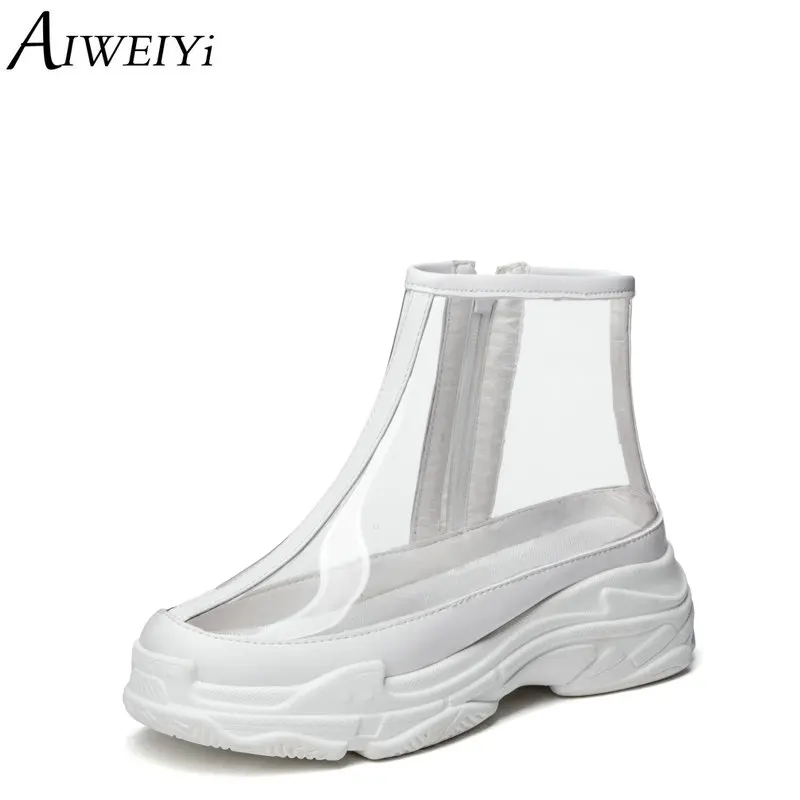 

AIWEIYi Clear Ankle Boots for Women Black Thick Sole Round toe Platform Shoes Transparent PVC Short Boots Clear Botas Mujer