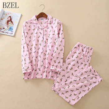 

BZEL Cute Cotton Sleepwear Women Pajama Sets Pink Cartoon Dog Long Sleeve Autumn Winter Pijamas Femme Pyjamas Leisure Home Cloth