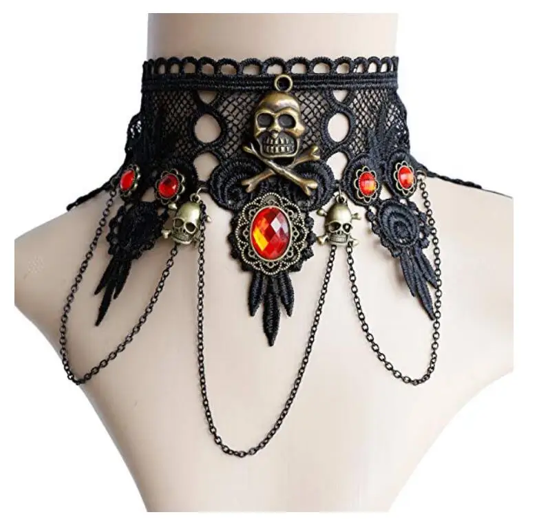 Black Lace Skull Gothic Pendant Choker Necklace for Costume Party | Украшения и аксессуары