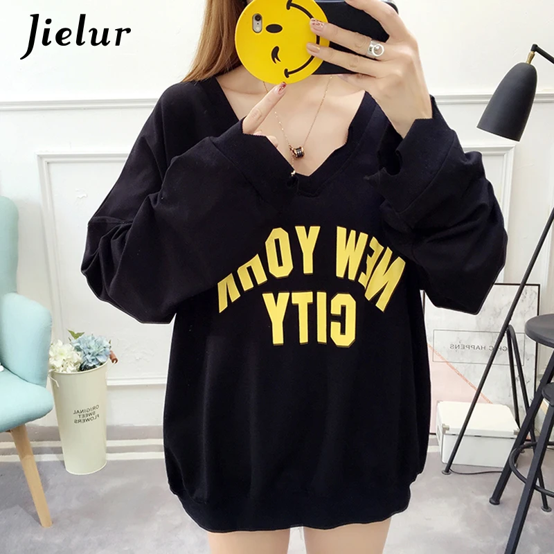 Jielur 2018 Autumn V-neck Women Hoodies Korean Print Girls Sweatshirt Thin Harajuku Long Sleeve Hoody Female Top M-XXL Dropship Hoodies