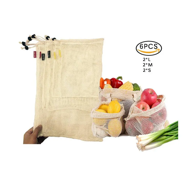 6 шт многоразовые мешки для производства, хлопковые мешки для овощей, сетчатые сумки с кулиской, для дома, кухни, для хранения фруктов и овощей, ecologico