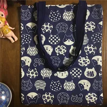 Yile вручную хлопок холст Экологичная для шоппинга с ручкой через плечо сумка принт Lucky с принтом «головa кота» Темно-синие 1758-5