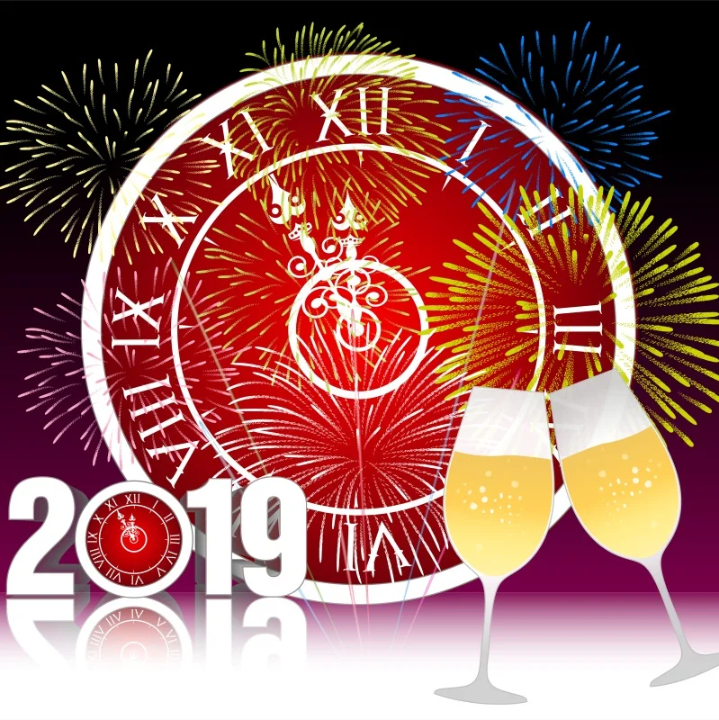 

Laeacco Happy New Year 2019 Glasses Clock Firework Starry Scenic Photography Backgrounds Photographic Backdrops For Photo Studio