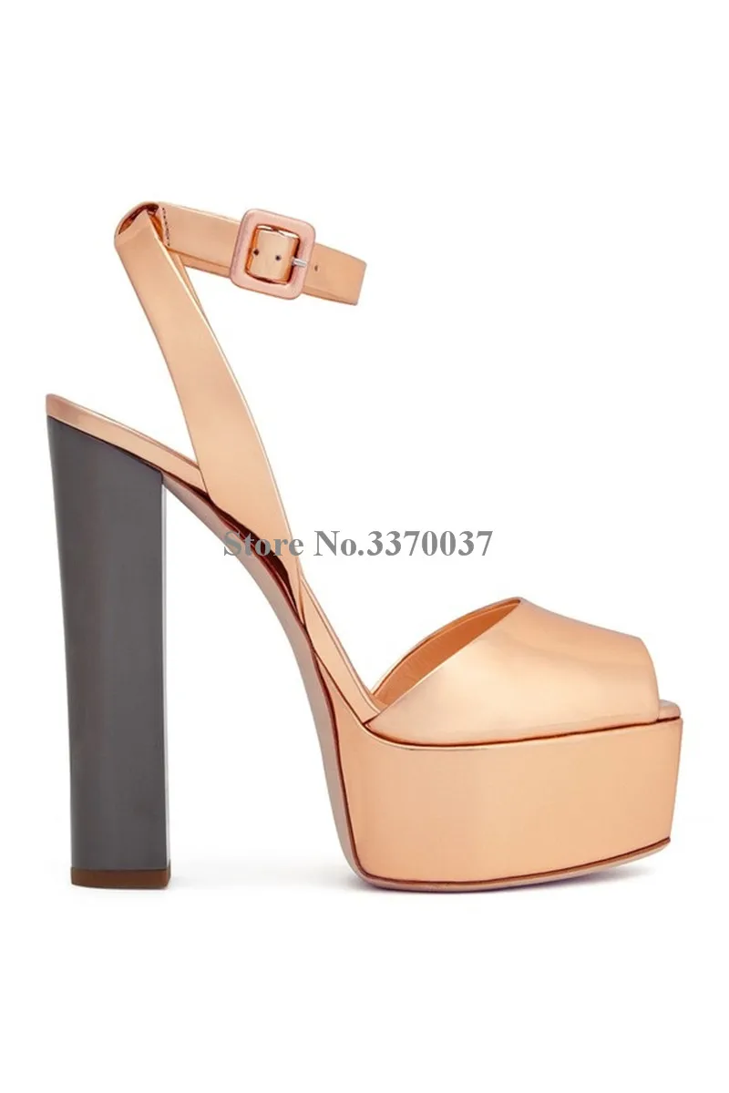 New Fashion Women Open Toe Gold High Platform Chunk Heel Pumps Mirror Patent Leather Ankle Strap High Heels Dress Shoes New Fashion Women Open Toe Gold High Platform Chunk Heel Pumps Mirror Patent Leather Ankle Strap High Heels Dress Shoes