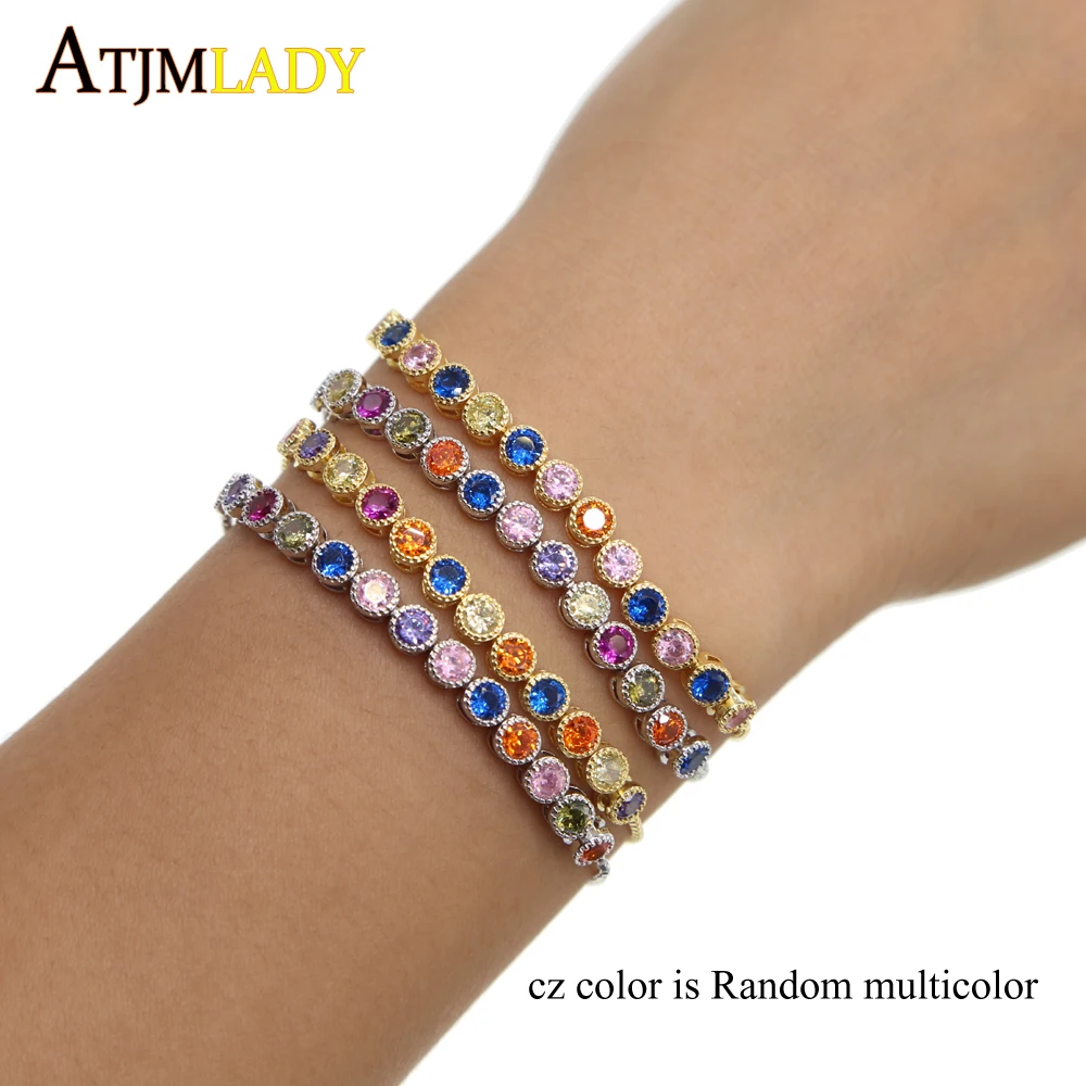 

2018 Real Top Fashion Charm Bracelets Women Copper Round Simple Delicate Adjust Rainbow Color Random Cz Tennis Fashion Bracelet