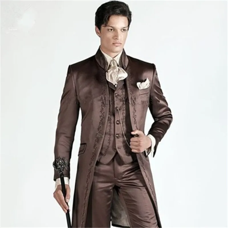 Brown Embroidery Slim Fit Men Suit For Prom Stage Performance Tuxedos