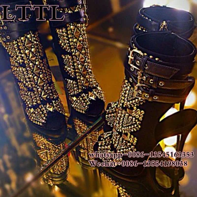 Sexy Buckle  Rhinestones Rivets Gladiator Sandals Women Boots Open Toe High Heels Summer Boots Shoes Woman Ankle Boots Pumps