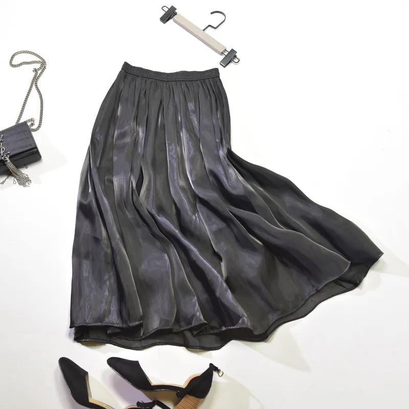Шелковая сатиновая Длинная женская юбка, повседневная женская юбка, плиссированное шифоновое в Корейском стиле, пляжные летние юбки для женщин с эластичной талией - Цвет: Черный
