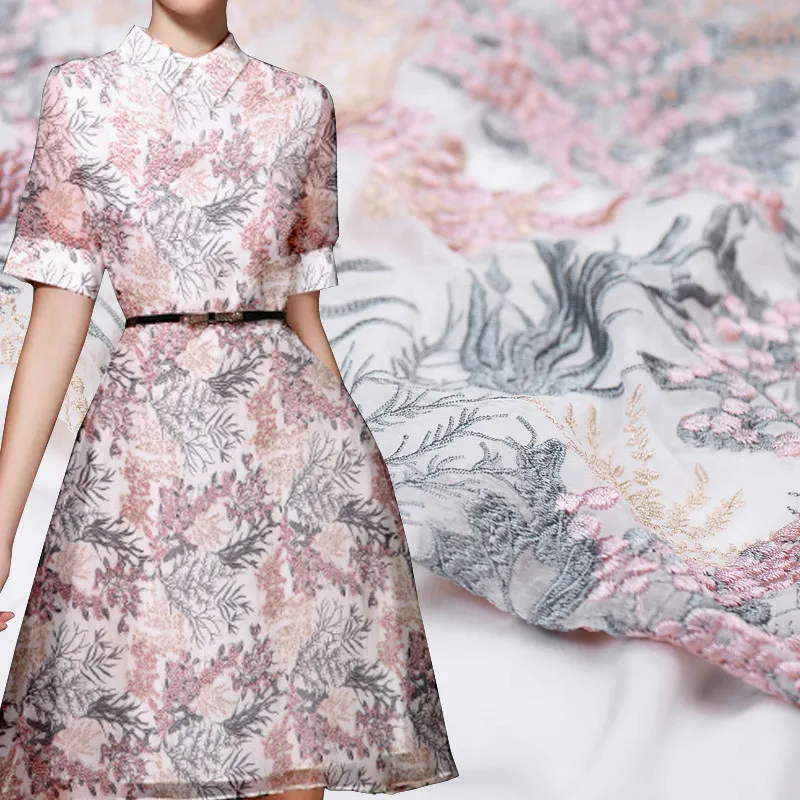

Rime Silver Flower Silk Embroidery High-end Silk Embroidery Fabric Silk Fabric Summer Skirt Fabric