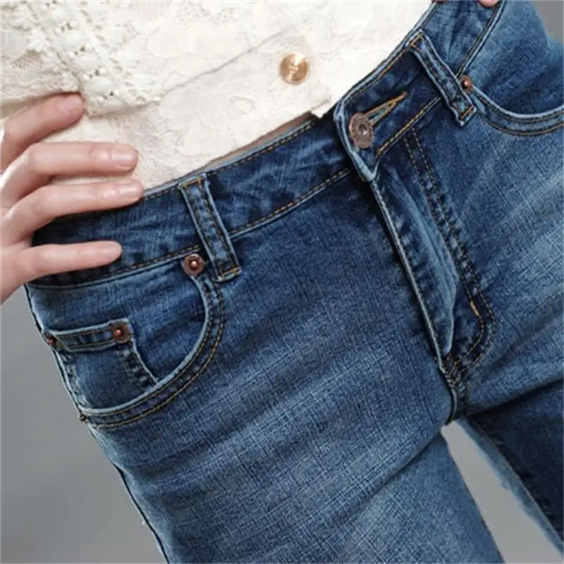 Осенние высококачественные женские маленькие прямые джинсы больших размеров синие брюки повседневные деловые брюки для девочек