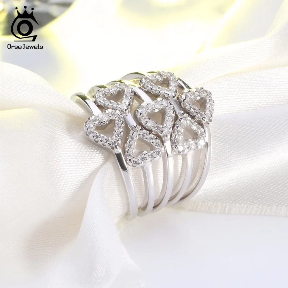 ORSA JEWELS Adjustable Rings For Women Heart Shape AAA Cubic Zircon Silver Color Fashion Ring For Female Jewelry Girl Gift AOR87