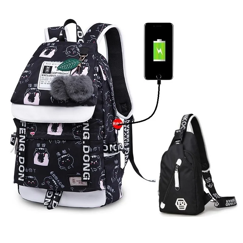 Женский модный рюкзак с принтом, usb сумка для ноутбука, женские дорожные сумки, белый холщовый школьный рюкзак для девочек, безопасный рюкзак - Цвет: Set 29