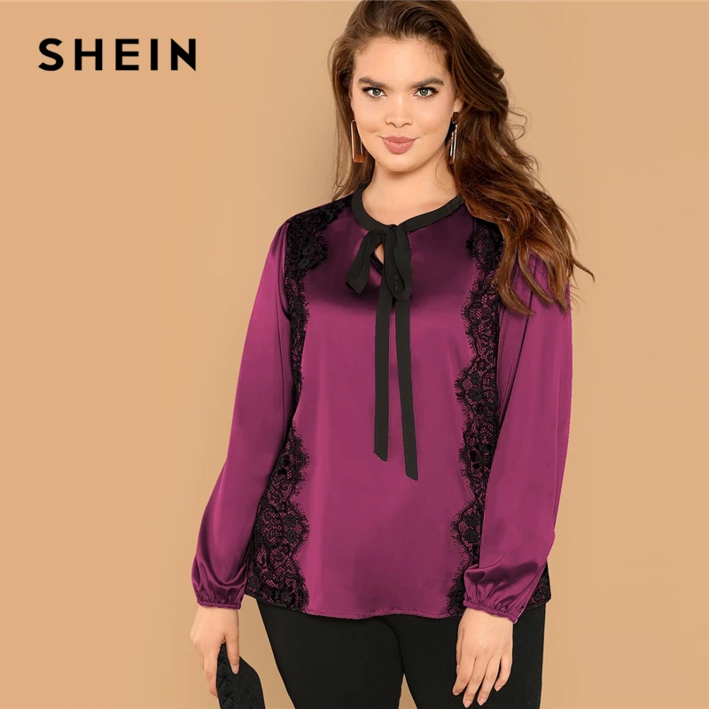 

SHEIN Purple Tie Neck Lace Trim Satin Top Plus Size Elegant Blouses Women Spring Stand Collar Flower Tops Blouse