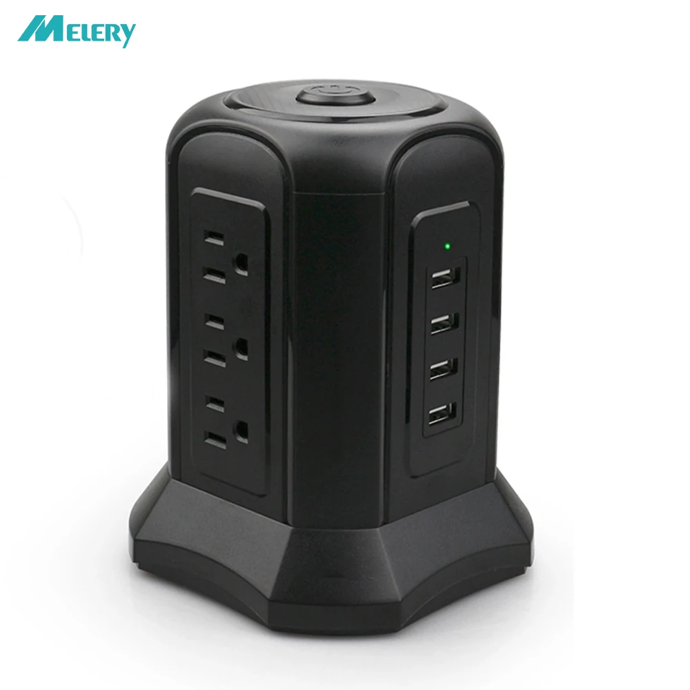 

Tower Multiple Power Strip Vertical Surge Protector 9 US Plug Sockets Outlets with 4 USB Double Pole Switch 2m Extension Cord