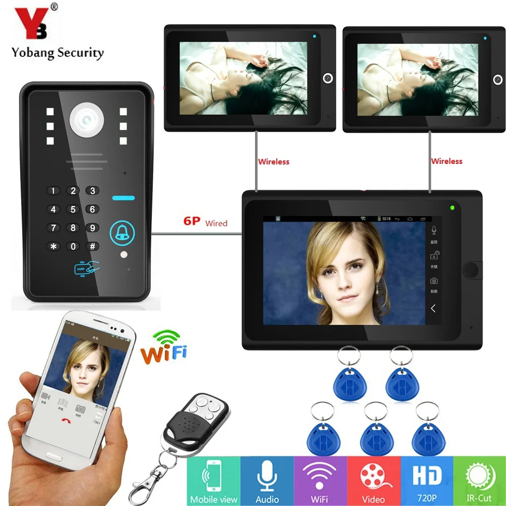 

YobangSecurity Wifi Wireless Video Door Phone Doorbell Camera Intercom RFID Password With 3X 7Inch Monitor(2 wireless,1 wired)