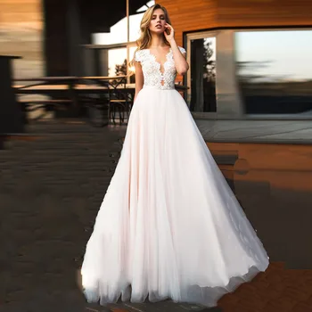 

2019 Beach Wedding Dress 2018 Cap Sleeve Appliques Lace Tulle A-Line Custom Made Princess Wedding Gown Plus Size Bridal Dress