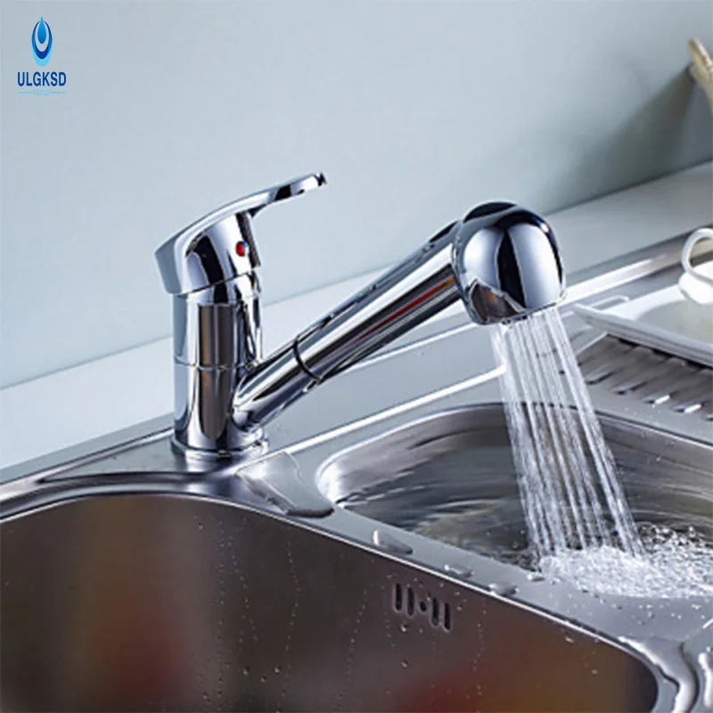 ULGKSD Chrome Kitchen Faucet Pull Out Sprayer Faucet 360 Rotate Kitchen Sink Deck Mounted Faucet Hot