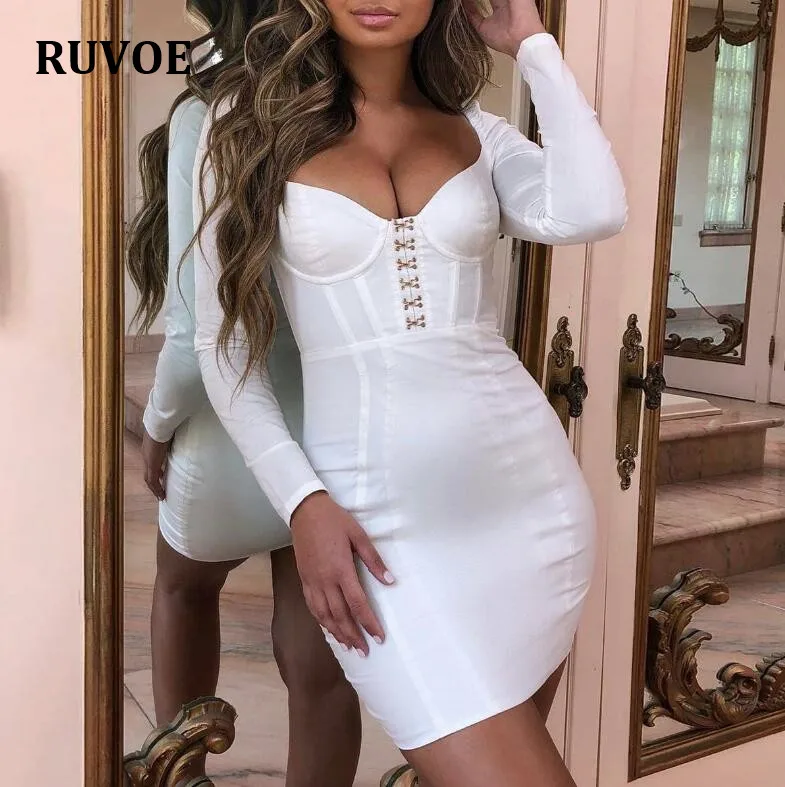 

Sexy Dress Women 2019 Autumn Winter Long Sleeve Slim Dress Elegant Party Club Wear Bodycon Dress White Red SDE-14