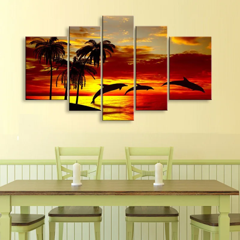 hand-painted oil wall art Sunrise beach dolphins home decoration abstract Landscape oil painting on canvas 5pcsset DY-068 (3)