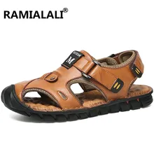 Для мужчин босоножки из натуральной кожи качественная удобная полые мягкие дышащие Нескользящие Повседневное на открытом воздухе пляжная обувь модные шлепанцы